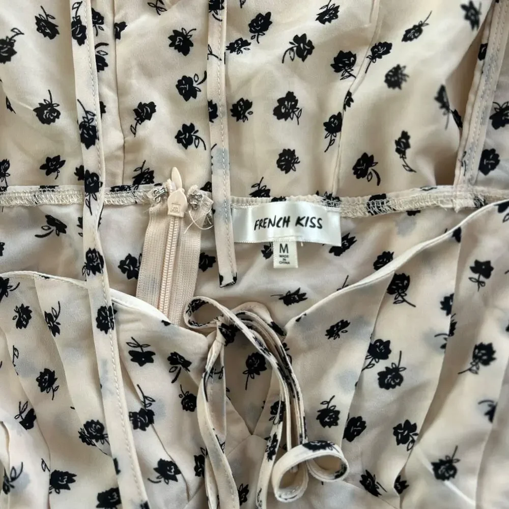 French Kiss Cream Floral Mini Dress Puff Sleeve Tie Front Size M - Picture 5 of 8